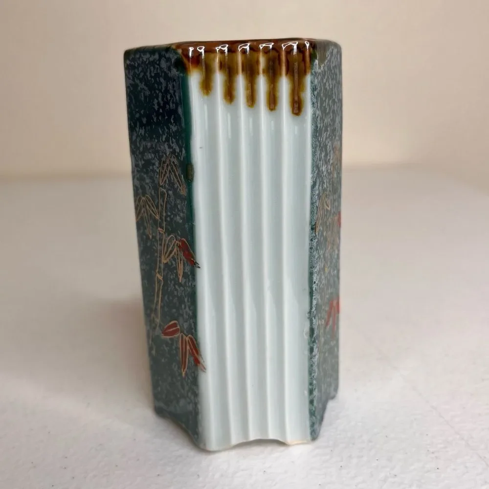 Vintage Hexagon Shape Japanese Vase Bamboo Green Sponge Red Gold Ridged Brown - Picture 4 of 11